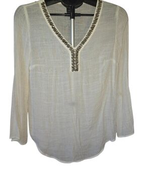 Boho White Sheer Tunic Top Beaded V Neck New Directions Small